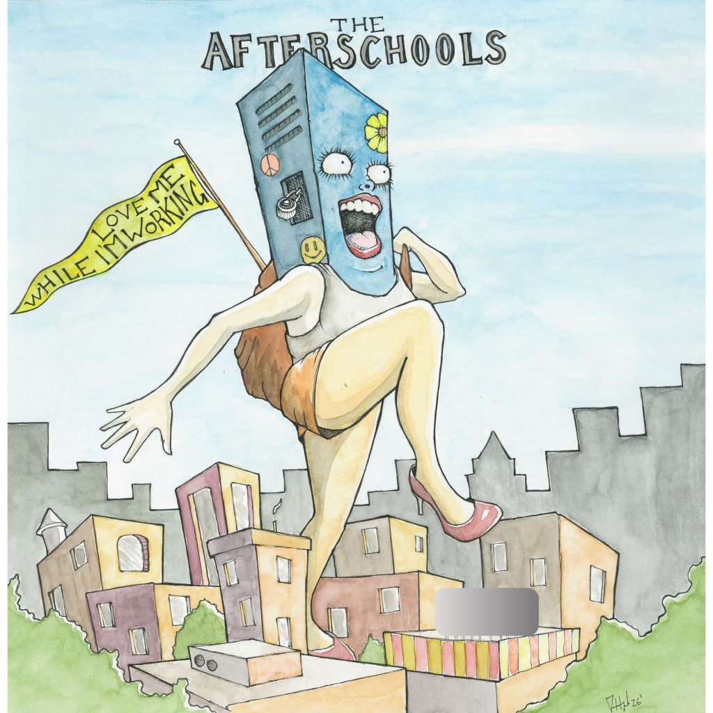 A giant walking locker wearing a skirt and high heels steps through a city like a friendly, non‑threatening Godzilla. The locker has eyelashes, a backpack, a band‑aid on its face, a peace sign on the side, and a relieved, adventurous smile.