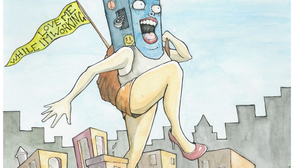 A giant walking locker wearing a skirt and high heels steps through a city like a friendly, non‑threatening Godzilla. The locker has eyelashes, a backpack, a band‑aid on its face, a peace sign on the side, and a relieved, adventurous smile.