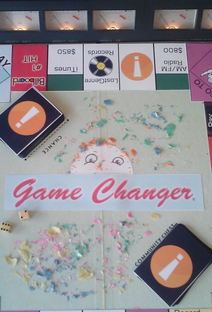 Illustration of a board game styled like Monopoly with music platform logos instead of property names, set in front of a gaming console.